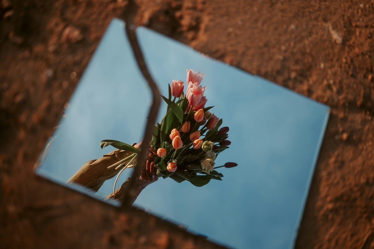 flowers, mirror, reflection, reflected, bloom, flower wallpaper, spring, broken, break, morning, poster, flower background, banner, adobe, landscape, nature, mood, beautiful flowers, culture, equinox, fantasy